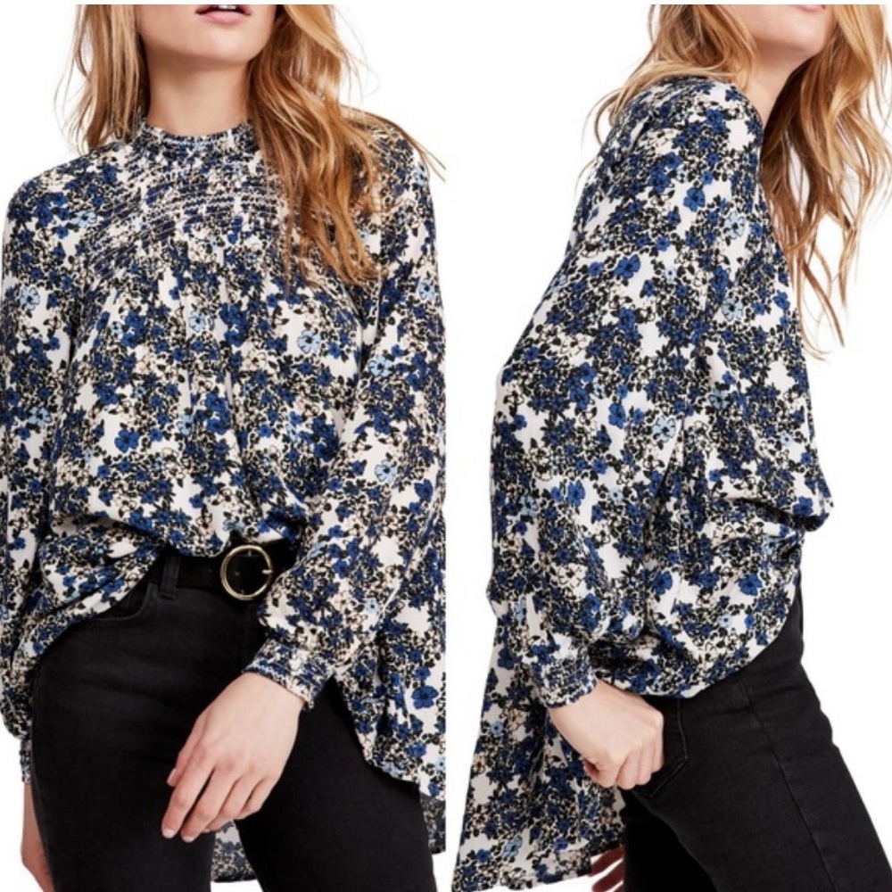 Free People blue floral smocked neckline tunic